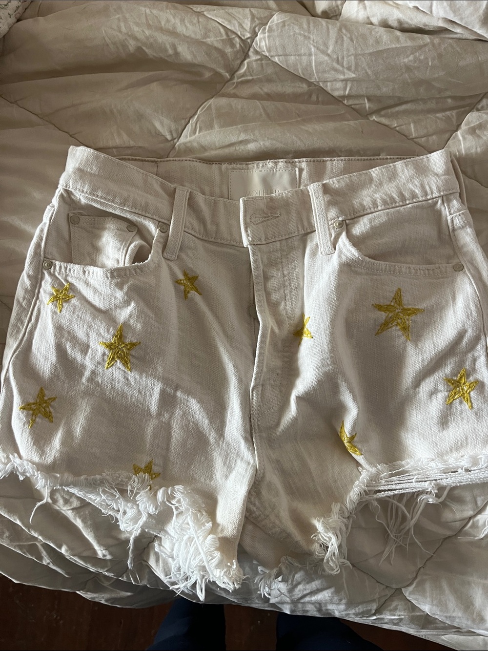 MOTHER White Denim Shorts with Gold Star Embroidery